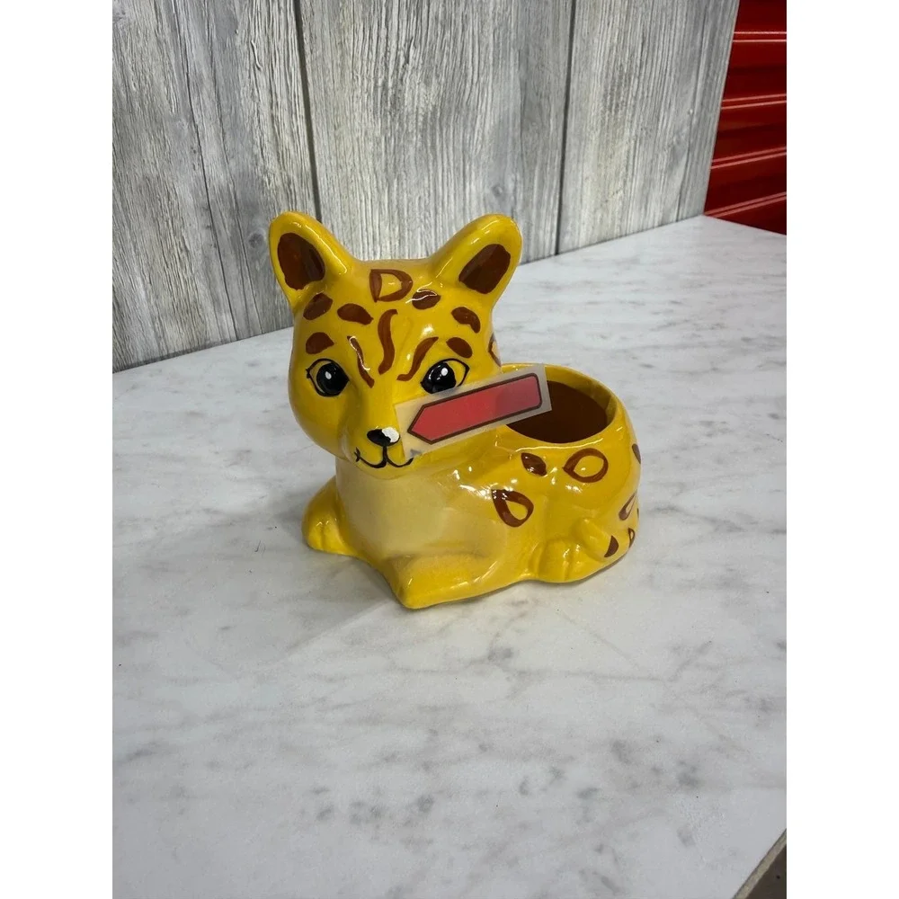 Vintage Yellow Ceramic Leopard Cub Planter Hand Painted Spotted Kitten Figurine